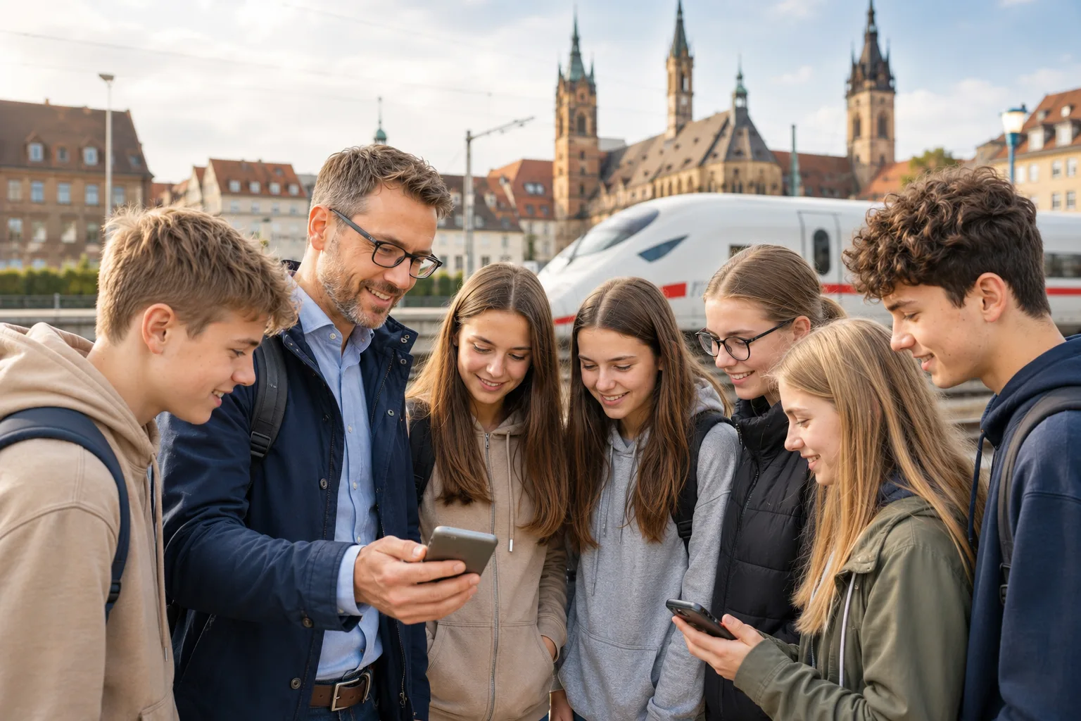 Mit KI erstelltes Bild: Lehrkraft und Schüler:innen am Bahnsteig mit ICE im Hintergrund