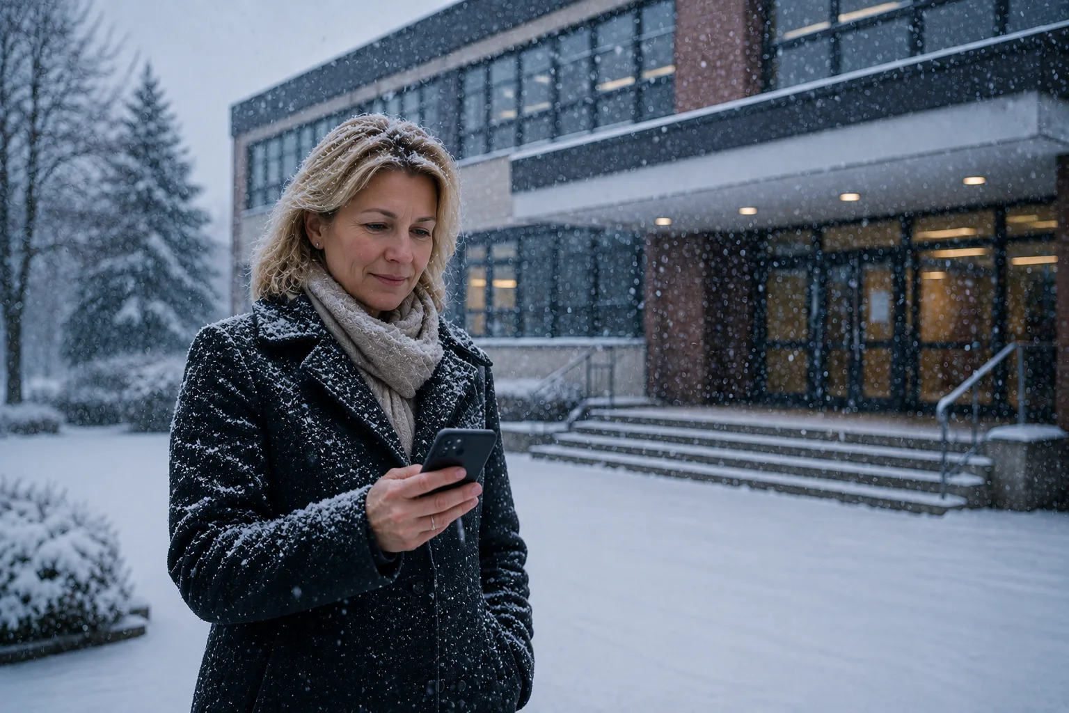 Mit KI erstelltes Bild: Schulleiterin steht im Schneetreiben vor der Schule und schickt eine Push-Nachricht über den Unterrichtsausfall