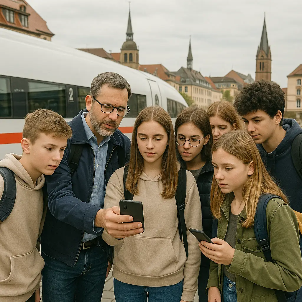 Lehrer und Schüler nutzen SchulMessenger auf Klassenfahrt mit ICE im Hintergrund